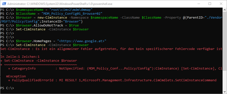 Edge Konfiguration: Powershell MDM-WMI-Bridge-Provider