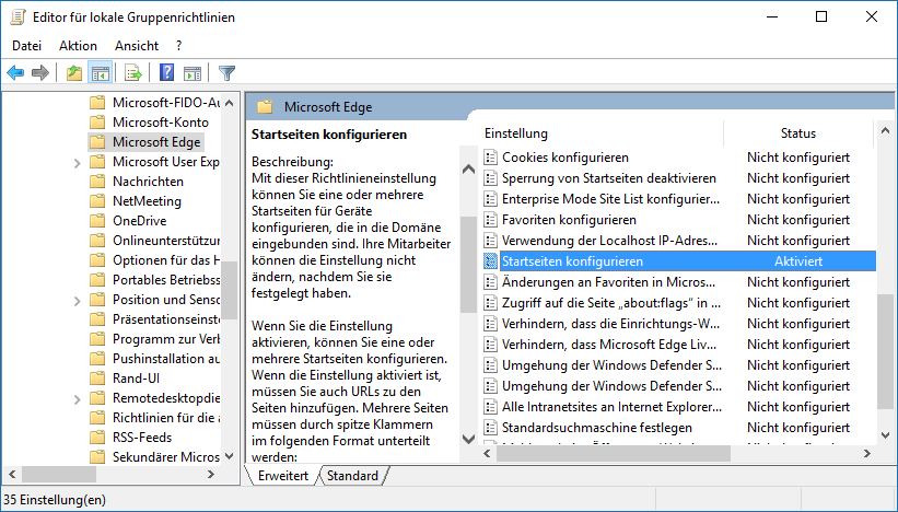 Gruppenrichtlinien Konfiguration von Microsoft Edge