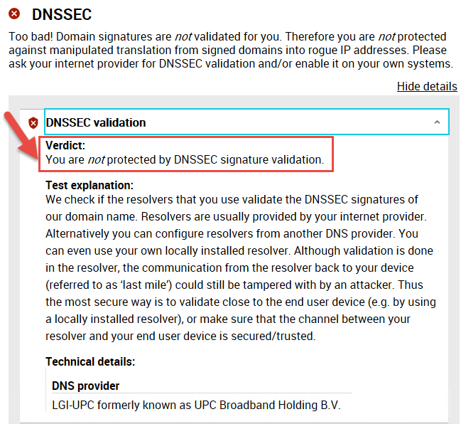 internet.nl - Test mit UPC-DualStack-Lite IPv6 Zugang: Kein DNSSEC-Support