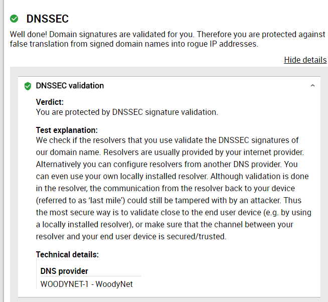 internet.nl - Test mit UPC-DualStack-Lite IPv6 Zugang und Quad 9 DNS: DNSSEC-Support